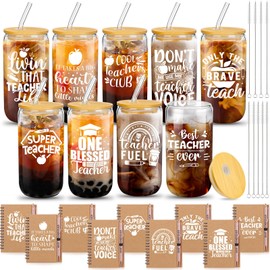 Reallnaive 27 Pcs Teacher Appreciation Gift Set 16oz Glass Cups with Straws Appreciation Notebooks Ballpoint Pens Thank You Gifts for Teachers Graduation Gifts Favors(Stylish)
