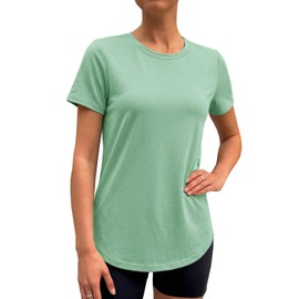 Fisoew Maglietta da donna, a maniche corte, per sport, fitness, con scollo tondo, leggera, per il fitness, top da palestra, top da allenamento, verde mela, L