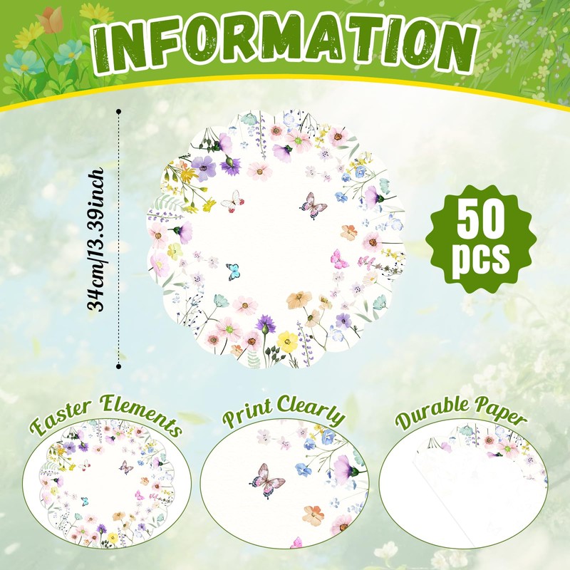 Spring Placemats Disposable 50 Pack - Watercolor Table Mats for