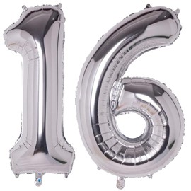 WEIKA 40 Inch Number 16 Balloons, Silver Giant Jumbo Helium Number 16 Foil Balloons for 16th 61th Birthday Party Anniversary Events Boys Girls Decorations Supplies