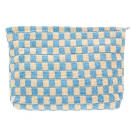 PAZIMIIK Knitted Checkered Makeup Bag Large Zipper Make Up Accessory Pouch for Purse Cosmetic Brush Bag for Travel Essential Blue Beige