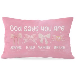 Wheatwin Cute Pink Christian Throw Pillow Cover 12x20, Inspirational Bow Decor for Girls Room Dorm, Christian Pillow Cover Gift for Girls Kids Women, Bible Verse Pink Bows Affirmations Gifts
