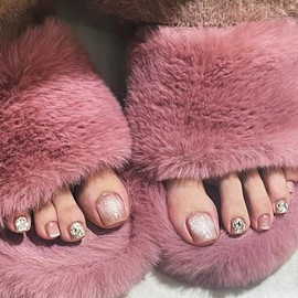 Short Press On Pink Cat-Eye Pile Drilling French Tip Toenails - Square Short Fake Toenails With Designs - 24Pcs Glossy Acrylic False Stick On Toe Nails