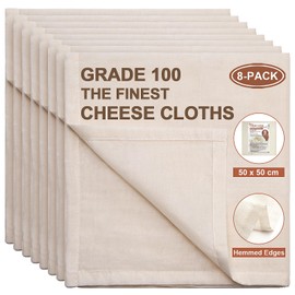 eFond Cheese Cloths for Straining | 50x50cm Squares with Hemmed Edges | Grade 100 Ultra Fine Reusable Muslin Cloths | Unbleached Cotton Cheesecloth | for Nut Milk, Butter, Baking & Cooking (8-Pack)