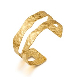 WOWORAMA Matte Gold Hammered Cuff Bracelet for Women Double-Layer Wide Chunky Gold Bangle Bracelets Vintage Boho Statement Gold Bracelet Adjustable Chunky Bracelets