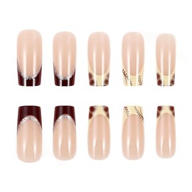 SINHOT Square Press on Nails Medium Fake Nails Glossy Glue on Nails Brown Ombre Acrylic Nails Squoval Artificial Nails Silver Bling Glitter Stick on False Nails with Design 24 pcs