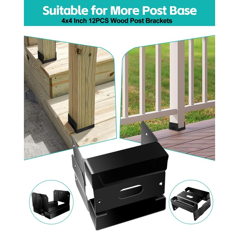 12 PCS 4x4 Black Galvanized Post Base Steel Inter 3.5x3.5