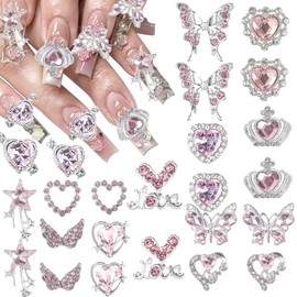 CharmeFleur 36 Piece Y2K Nail Charms with Hearts, Butterflies, Bows and Stars, perfect for creative nail art and trendy manicure looks Nail Charms Silver