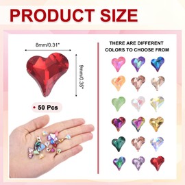 MECCANIXITY 50 Pcs 3D Heart Nail Charm Crystals Nail Gems 8x9mm Crooked Heart-Shape Art Rhinestone Charm for Valentine's Day DIY Decoration, Red