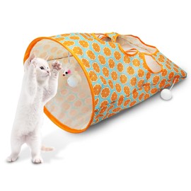 Andiker Cat Tunnel Bags for Indoor Cats, 13x17x12In Foldable Cat Crinkle Bag with 3 White Plush Balls and 1 Mouse 5 Holes for Kitten to Hide and Catch 3 Layers Cat Toy (Orange)