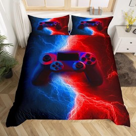 Homewish Gamer Gaming Bedding Sets King Size,Lightnings Gamepad Duvet Cover, Video Games Comforter Cover for Kid Teens Boys and girls Man, Modern Bedroom Decor 3 Pcs Bedding Set,Red Blue