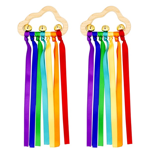 Govvay Rainbow Wooden Ribbon Ring Toys, 2 Pack Baby Sensory Toys, Handmade Toys Rainbow Color Cloud Ribbon Molar Wooden Circle Teething Toy for Boys Girls Babies