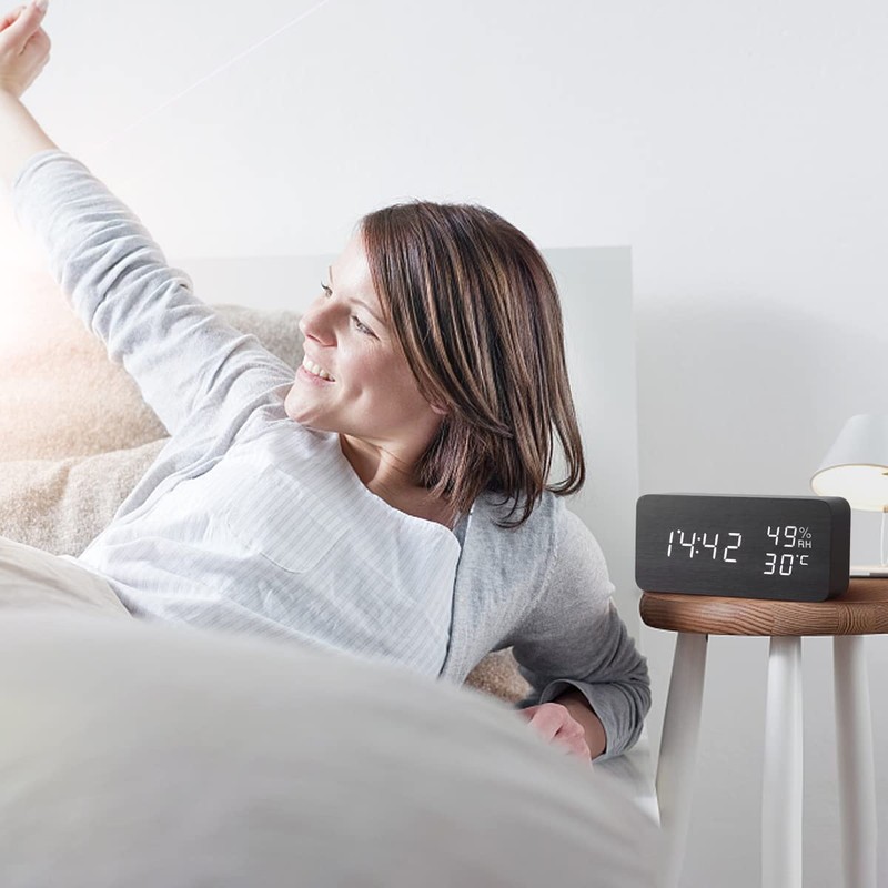 AMIR Alarm Clock, Wooden Digital Multi-Function Modern Cube LED Light,