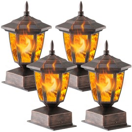 Dynaming 4 Pack Solar Flame Post Lights Outdoor, Solar Powered Lamps Fence Post Cap Lights, Flickering Flame LED Lantern Waterproof for Garden Deck Patio, Fit 4x4, 5x5 or 6x6 Wooden Posts, Bronze