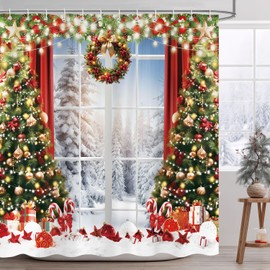 Raoycla Winter Christmas Shower Curtain, Window Snow Scene Glitter Xmas Tree Aesthetic Bathroom Decor, Rural Pine Tree Natural Scenery Bathroom Curtain with 12 Hooks Polyester Fabric 72Wx72H