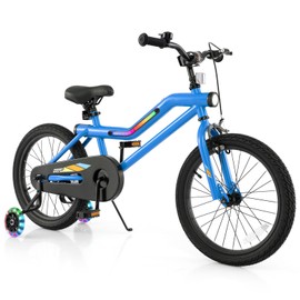 BABY JOY Lighted Kids Bike, 18 Inch LED Lighted Frame Children Bicycle with Headlight, Adjustable Seat, Training Wheels, Coaster Brake & Handbrake, Girls Boys Bike for 4-8 Years (Blue)