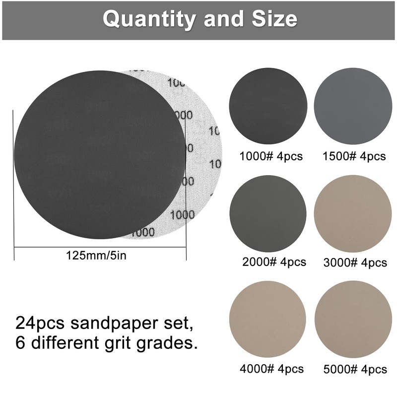 Sanding Discs, 125mm Sanding Discs Pads 1000/1500/2000/3000/4000/5000 Grits, Round Sanding