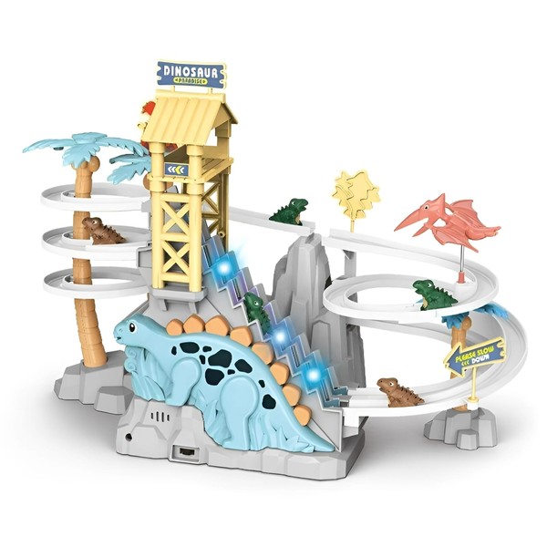 GEMPRIME Dinosaur Climbing Slide with Race Track, Lights and Music