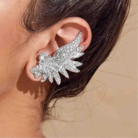 Iaceble Gothic Rhinestone Ear Climber Earring Crystal Cuff Crawler Earring Cz Wing Feather Ear Cuff Earring Exaggerated Silver Wing Wrap Earring Bridal Wedding Earring Jewelry for Women