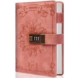 Lock Diary for Women Girls Vintage Lock Journal Refillable Personal Locking Diary Leather Locking Journal Writing Notebook B6 Secret Journal with Combination Passwords 5.5 x 7.8 in, Sunflower Pink