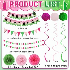 Pink and Green Birthday Decorations Happy Birthday Banner for Wicked Party Decorations Paper Pom Poms Hanging Swirl for Witch Theme Party
