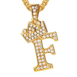 U7 Bling Alphabet Name Jewelry Men CZ Crowned Initial Necklace Iced Out King Crown Women 18K Gold Plated Cubic Zirconia Letter Pendant 3mm 22" Rope Chain Necklaces with F