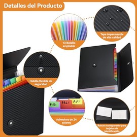 Carpeta Organizadora de Documentos,Folder con 13 Bolsillos Plastico,Recibos,Tamaño A4 Cartas Con Etiquetas Adhesivas Para Clase,Casa,Oficina Y Viajes(