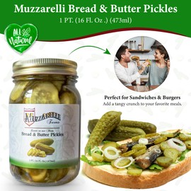 MUZZARELLI FARMS® Bread & Butter Pickles - Fresh Flavorful Pickles - Family Recipe for 40 years - Gluten Free- Fat Free - Preservative Free - All Natural - Gourmet Snacks & Garnishes 16 fl oz Glass Mason Jar (Pack of 2) Hand-Selected Pickles Bottled for 