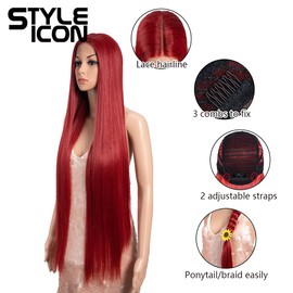 Style Icon Wig 38 Inches Lace Front Wig Human Hair Quality Super Long Straight Wigs for Women Synthetic Hair Replacement HD Lace 150% Density (Middle Part 38 Inch, M.RED)