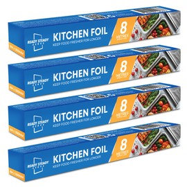 4 Pack Tin Foil Roll | 32M Aluminium Kitchen Everyday Foil 8M x 30cm | Non-Stick Aluminium Foil for Wrapping, Grilling & BBQ | Tinfoil Roll Dispenser & Cutter | Silver Foil Kitchen Cooking Foil