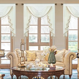VOGOL Beige Sheer Valance Curtains, 39 Inches Wide Vintage Style Waterfall Valances for Living Room, Super Soft Silky Swag Curtain with Handmade Tassels, 1 Panel