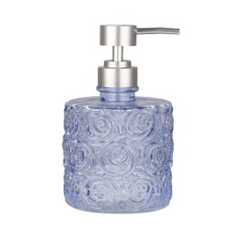 Marcella Glass Soap Dispenser with Soap Pump, Refillable 14 Ounce Capacity, Floral Design Rose Patterns, Heavy Weight Thick Glass for Bathroom, Premium Kitchen Soap Dispenser Cornflower Blue