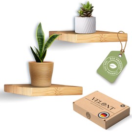 VELONT Square Wall Shelf - 15 x 15 cm - Set of 2 - Floating - Bamboo - 7 kg Load Capacity - Room Decoration & Plant Display - Includes Free Mounting Kit - Sustainable & Modern - For Any Room - German
