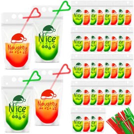 Zhanmai 50 Set Christmas Drink Pouches with Straws Adults Drink Bags Reclosable Plastic Drinking Pouches Team Naughty Team Nice Juice Pouches Xmas Juice Pouch for Christmas Party Supplies