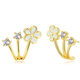 CiNily White Opal Cuffs Stud Earrings for Women Trendy 14K Gold Plated Flower Piercings Studs Earrings Cubic Zirconia Claw Ear Wrap Earrings Jewelry Gift for Wedding Party Birthday