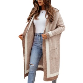 Unilexi Womens Loose Colorful Long Cardigan Sweater Oversized Striped Open Front Hooded with Pockets(0251-Khaki-L)