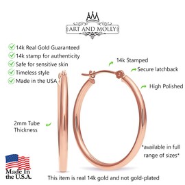 14k Rose Gold Classic Shiny Polished Round Hoop Earrings, 2mm tube, 35mm (1.4 inch)