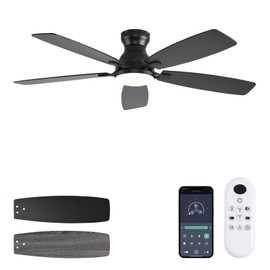 NKPU 52inch Flush Mount Ceiling Fans with Lights and Remote Control/APP Control, DC Reversible Motor, Noiseless, Dimmable, Low Profile Black Ceiling Fan for Bedroom Indoor/Outdoor Use