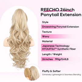 REECHO Ponytail Extension, 26 Inch Drawstring Ponytail Extension Long Curly Wavy Pony Tails Hair Extensions Synthetic Clip in Ponytail Hairpiece for Women, Medium Blonde with Pale Highlights