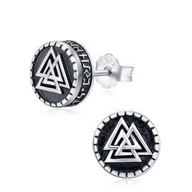 Viking Earrings for Men 925 Sterling Silver Viking Runes Earrings 9mm Tree of Life/Viking Compass Vegvisir/Viking Valknut Stud Earrings Norse Viking Jewelry, One Size, Sterling Silver, No Gemstone