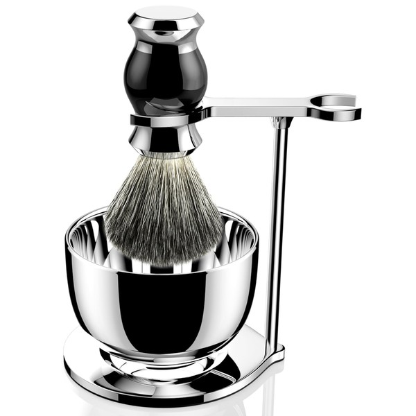 GRUTTI Premium Shaving Brush Set，Luxury Razor and Brush Stand Soap Bowl and Badger Hair Shaving Brush Gift Shaving Sets for Men-Black