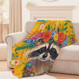 Lugiu Adorable Raccoon Blanket, Lightweight Comfy Boho Floral Crown Raccoons Blankets for Couch Sofa Bedroom, Soft Plush Travel Flannel Throw Blanket Gifts for Adults Kids Women, Home Decor 60×50in