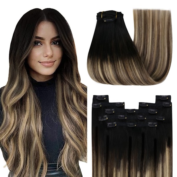 YoungSee Clip on Hair Extensions Ombre Black Clip in Hair Extensions Real Human Hair Black Fading to Brown with Caramel Blonde Clip in Real Hair Extensions for Short 80G 7Pcs 12Inch