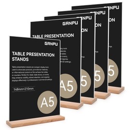 FayrVind 5 Pack A5 Acrylic Sign Holder with Wooden Base, T-shape Perspex Display Holder, Double Sided Clear Menu Poster, Wedding Table Number Stands, Tabletop Sign Holder for Retailer Vendor Booth