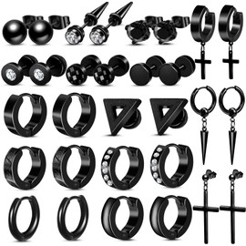 ONESING 15 Pair Earrings for Men Black Mens Earrings Stainless Steel Black Earrings Cross Earrings for Men Women Hypoallergenic Dangle Hoop Earrings Stud Earrings Set