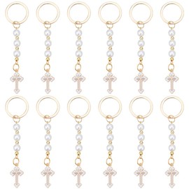 WEBEEDY 12 Sets Cross Keychain Christian Keychain Suppples Bulk Keychains Accessories with Cross Charm Pearl Beads and Keyings, Key Chain for Women Adults, Festival Christmas Baptismal Gifts, Gold,