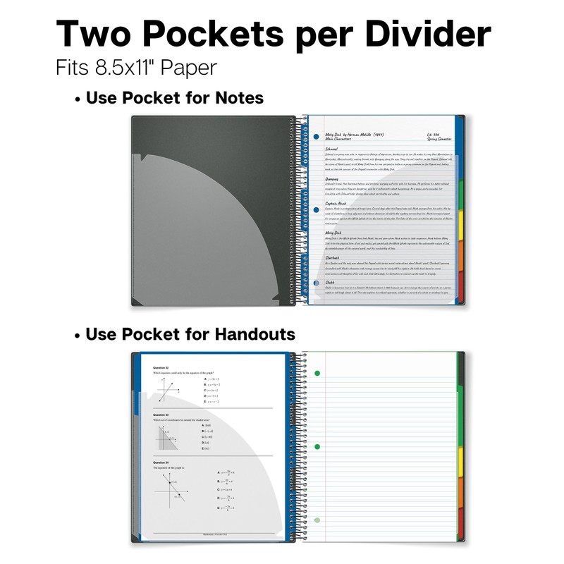 Dunwell 5-Subject Notebook, College Ruled, Colorful Movable Pocket Dividers with
