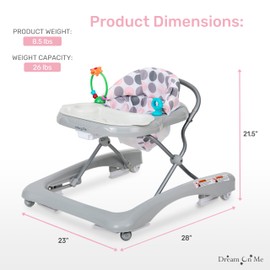 Dream On Me Mia Foldable Baby Walker in Grey, Foldable Walker with Adjustable Heights, Removable, Machine Washable High-Back Padded Seat, Suitable for 6-12 Months
