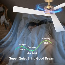 DAMINY Natural Solid Wood White and Gold 52 inch Ceiling Fan with Light,3 Blades,6CCT,Low Profile Ceiling Fan with Light and Remote Control