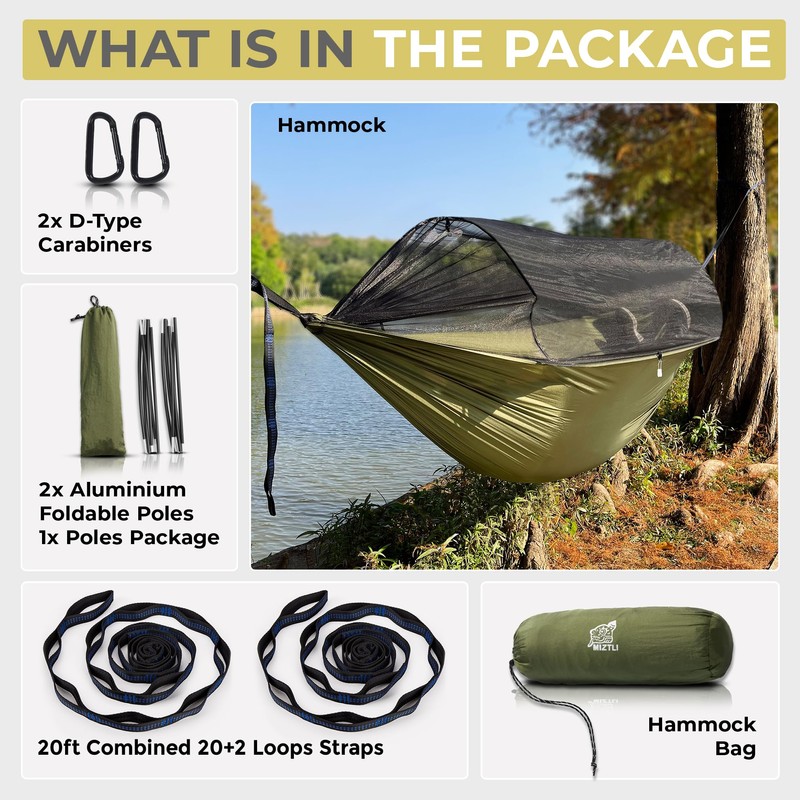 Miztli Camping Hammock -Portable Hammock w/Spacious Net & Tree Straps